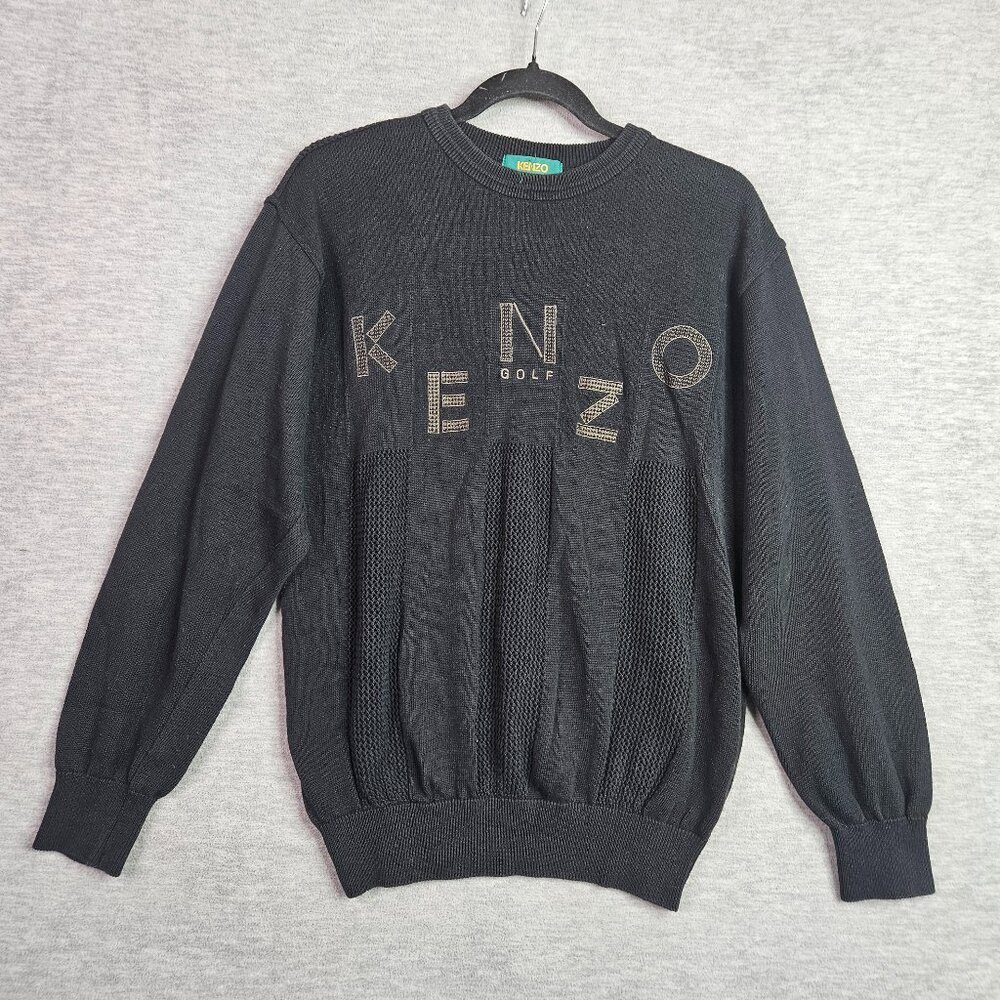 Vintage Kenzo Golf Women's Black Embroidery Big Logo Pullover Sweater Sz 2